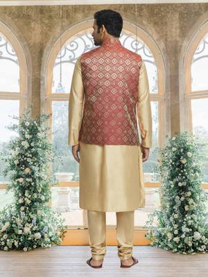 Maroon art silk jacket kurta for men's 3