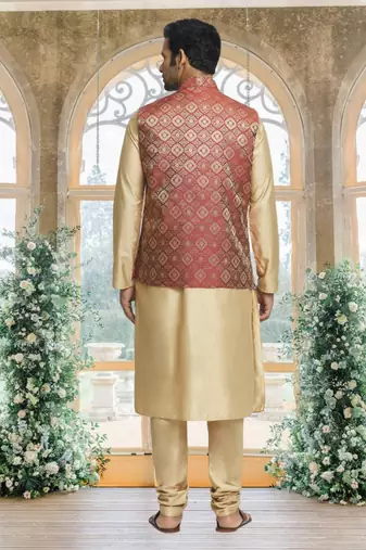 Maroon art silk jacket kurta for men's