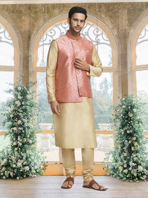 Pink art silk jacket kurta for men's 1