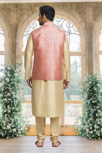 Pink art silk jacket kurta for men's