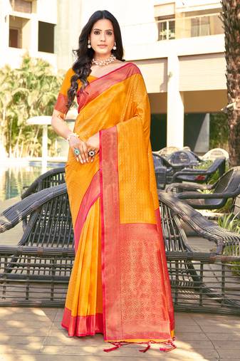 Sangam Prints Mustard Banarasi silk blend Woven Work Traditional Tassels Saree