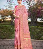 Sangam Prints Pink Stain Silk Woven Work Traditional Tassels Saree