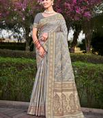 Sangam Prints Grey Stain Silk Woven Work Traditional Tassels Saree