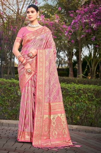 Sangam Prints Light Pink Stain Silk Woven Work Traditional Tassels Saree