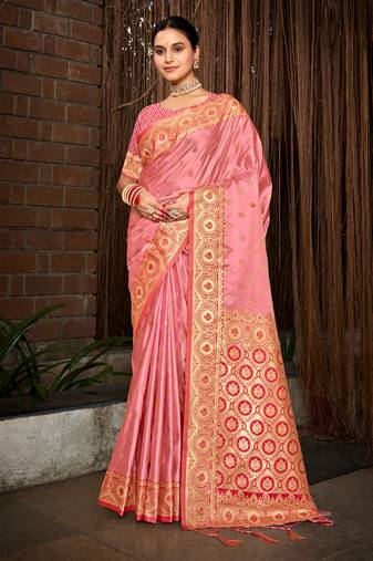 Sangam prints pink stain silk woven work traditional tassels saree