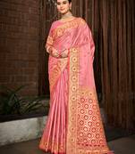 Sangam prints pink stain silk woven work traditional tassels saree