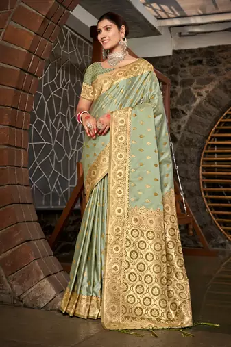 Sangam prints light green stain silk woven work traditional tassels saree