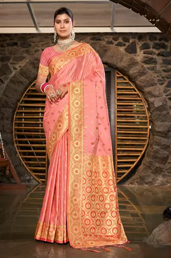 Sangam prints peach stain silk woven work traditional tassels saree