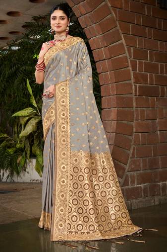 Sangam prints grey stain silk woven work traditional tassels saree