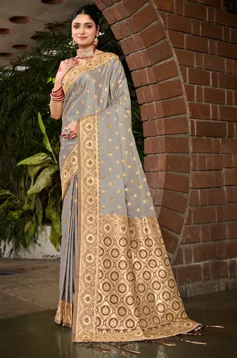 Sangam prints grey stain silk woven work traditional tassels saree