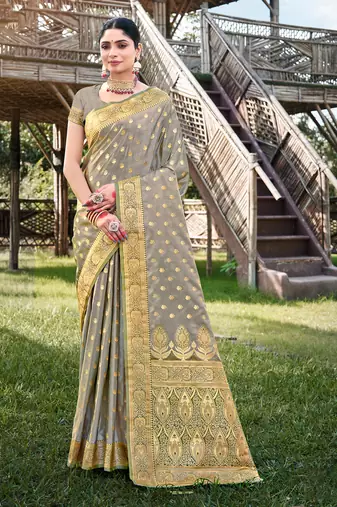 Sangam prints light green stain silk woven work traditional tassels saree