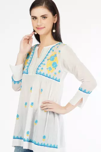 Vahson women's cotton mulmul hand embroidered short lucknowi chikankari kurti white
