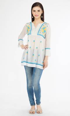 s cotton mulmul hand embroidered short lucknowi chikankari kurti white 1