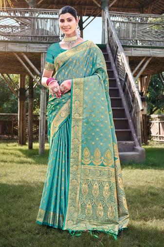Sangam prints sea green stain silk woven work traditional tassels saree