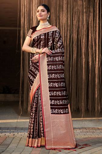 Sangam Prints Brown Stain Silk Woven Work Traditional Tassels Saree