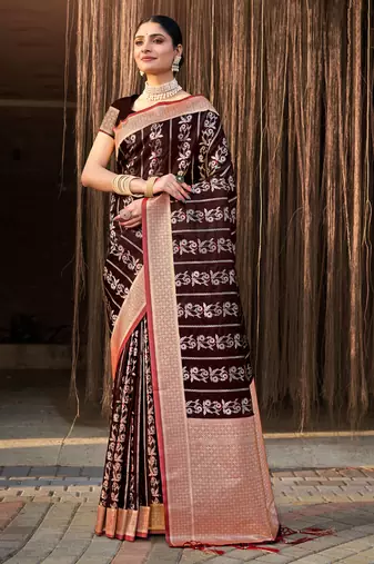 Sangam Prints Brown Stain Silk Woven Work Traditional Tassels Saree