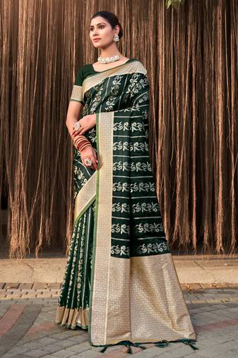 Sangam Prints Dark Green Stain Silk Woven Work Traditional Tassels Saree