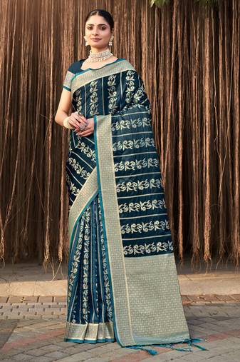 Sangam Prints Sea Green Stain Silk Woven Work Traditional Tassels Saree