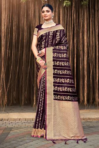 Sangam Prints Purple Stain Silk Woven Work Traditional Tassels Saree