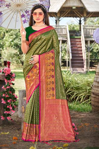 Sangam prints green banarasi silk woven work traditional tassels saree