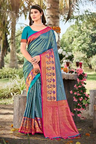Sangam prints sky blue banarasi silk woven work traditional tassels saree