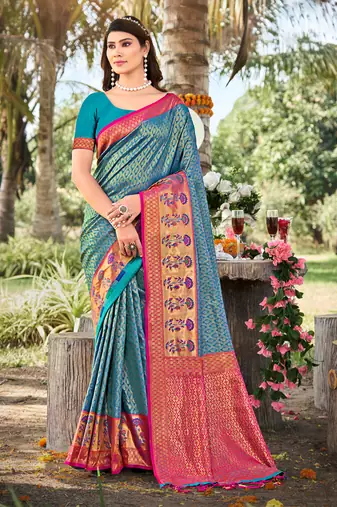 Sangam prints sky blue banarasi silk woven work traditional tassels saree