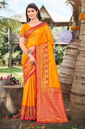 Sangam prints mustrad banarasi silk woven work traditional tassels saree