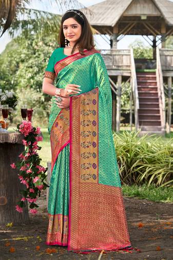 Sangam prints rama green banarasi silk woven work traditional tassels saree