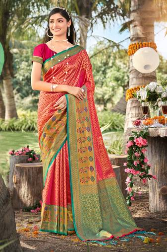 Sangam prints pink banarasi silk woven work traditional tassels saree