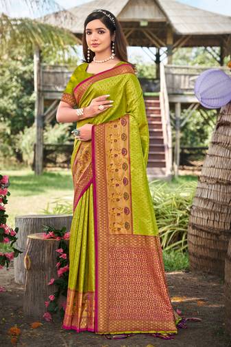 Sangam prints parrot green banarasi silk woven work traditional tassels saree