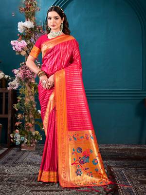 Sangam Prints Pink Paithani Silk Woven Work Traditional Tassels Saree 1