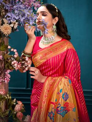 Sangam Prints Pink Paithani Silk Woven Work Traditional Tassels Saree 2