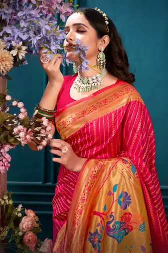 Sangam Prints Pink Paithani Silk Woven Work Traditional Tassels Saree