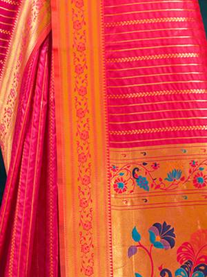 Sangam Prints Pink Paithani Silk Woven Work Traditional Tassels Saree 4