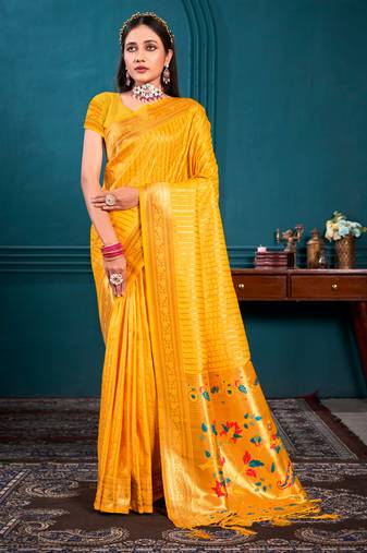 Sangam Prints Mustard Paithani Silk Woven Work Traditional Tassels Saree