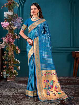 Sangam Prints Blue Paithani Silk Woven Work Traditional Tassels Saree 1