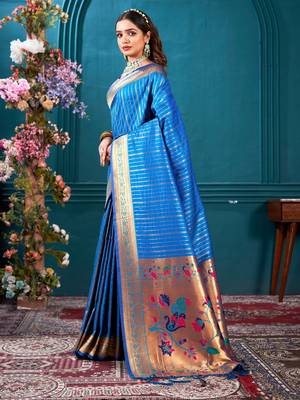 Sangam Prints Blue Paithani Silk Woven Work Traditional Tassels Saree 2
