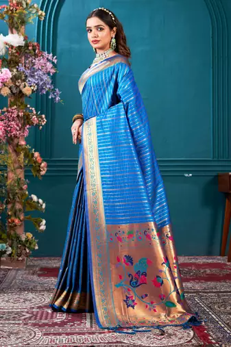 Sangam Prints Blue Paithani Silk Woven Work Traditional Tassels Saree