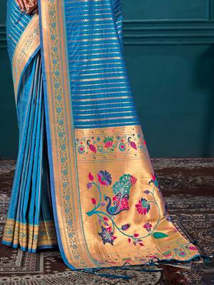 Sangam Prints Blue Paithani Silk Woven Work Traditional Tassels Saree 3
