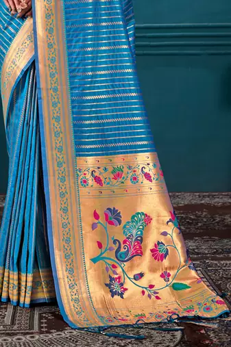 Sangam Prints Blue Paithani Silk Woven Work Traditional Tassels Saree