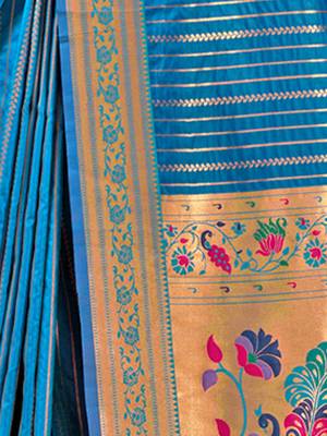 Sangam Prints Blue Paithani Silk Woven Work Traditional Tassels Saree 4