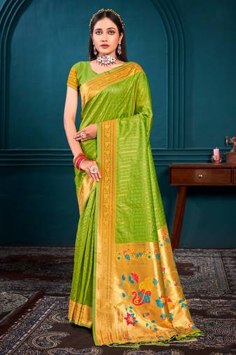 Sangam Prints Parrot Green Paithani Silk Woven Work Traditional Tassels Saree