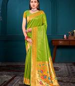 Sangam Prints Parrot Green Paithani Silk Woven Work Traditional Tassels Saree