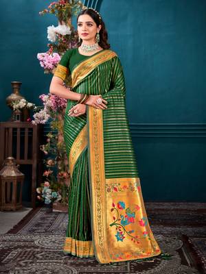 Sangam Prints Dark Green Paithani Silk Woven Work Traditional Tassels Saree 1