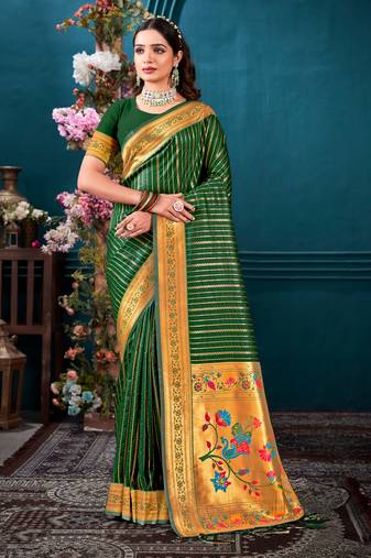 Sangam Prints Dark Green Paithani Silk Woven Work Traditional Tassels Saree