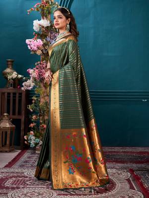 Sangam Prints Dark Green Paithani Silk Woven Work Traditional Tassels Saree 2