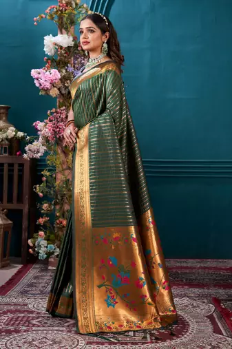 Sangam Prints Dark Green Paithani Silk Woven Work Traditional Tassels Saree