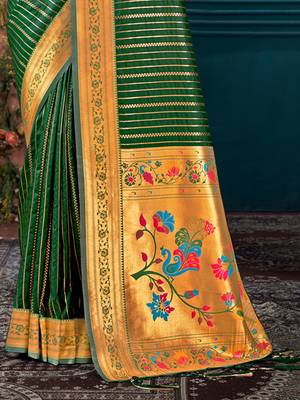 Sangam Prints Dark Green Paithani Silk Woven Work Traditional Tassels Saree 3