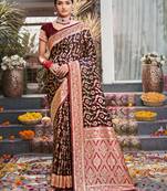 Sangam Prints Brown Stain Silk Woven Work Traditional Tassels Saree