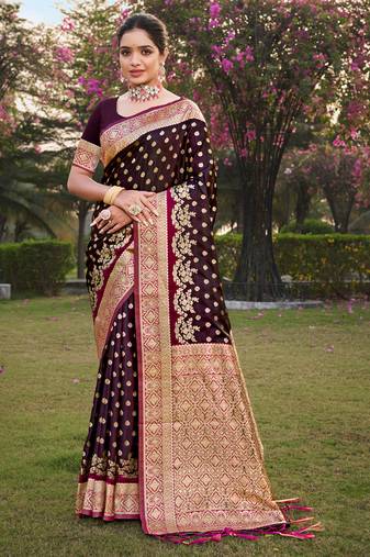 Sangam Prints Purple Stain Silk Woven Work Traditional Tassels Saree